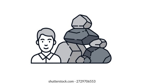 Cartoon man stands next to a stack of rocks