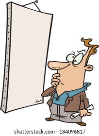 cartoon man staring at a blank canvas