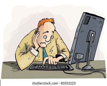 Cartoon man staring with concern at his monitor. Isolated on white
