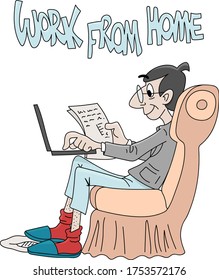 Cartoon man staying at home and working from home to be safe from corona virus vector illustration