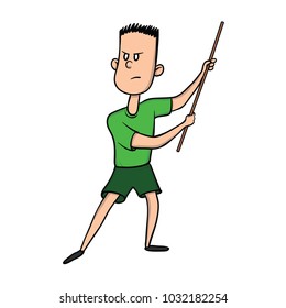 Cartoon man with stick. Boy practicing kung fu. Martial art. Vector illustration, isolated on white background.