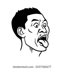 Cartoon of a man sticking out his tongue and rolling his eyes, vector illustration.