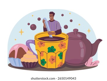 Cartoon man stirring oversized floral cup of hot chocolate surrounded by teapot, sweets, and donuts on light blue background. Concept of coffee break fun. Vector illustration