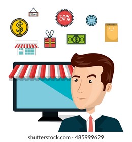 cartoon man store e-commerce isolated design