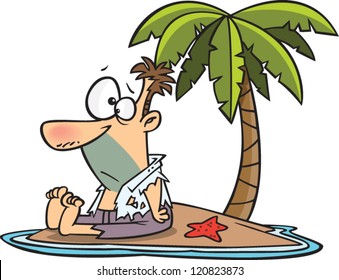 Cartoon Man Stranded On A Deserted Island With A Palm Tree