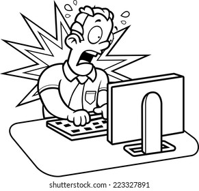 A cartoon man stressed at work on his computer.