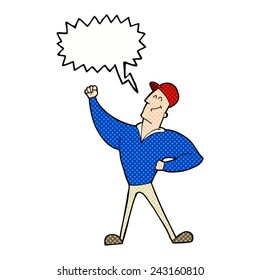 Cartoon-Mann, der heldenhafte Pose mit Sprachblase auffällt