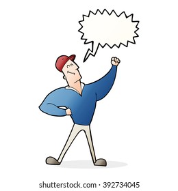 cartoon man striking heroic pose with speech bubble