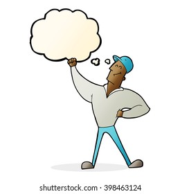 cartoon man striking heroic pose with thought bubble
