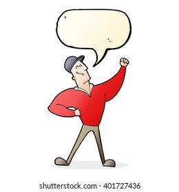 cartoon man striking heroic pose with speech bubble