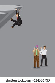 Cartoon man struggling dangerously at cliff and bystanders snapping photos instead of helping. Creative vector illustration on concept for social issue of bystander effect psychology.