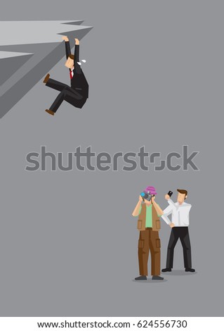 cartoon man struggling dangerously cliff bystanders stock vector