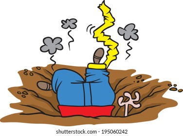 cartoon man stuck head first in the ground