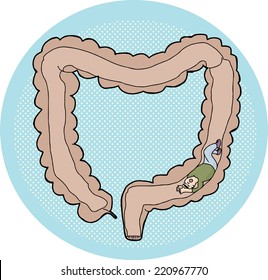 Cartoon man stuck inside human large intestine 