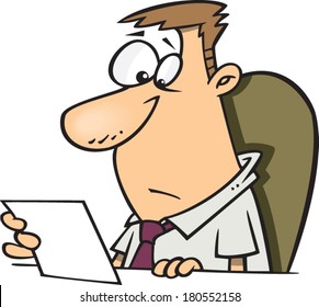 cartoon man studying a piece of paper