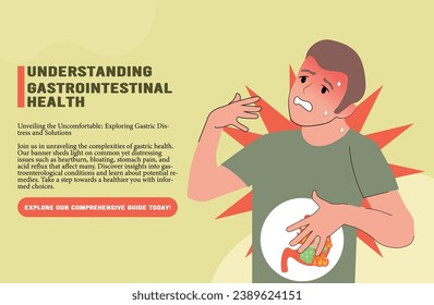 Cartoon man suffering from heartburn. Person with bloating, stomach pain, gastric disease, acid reflux flat vector illustration. Health, gastroenterology, gastritis concept for banner, website design