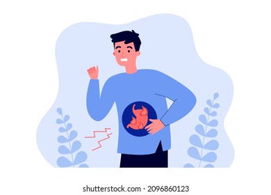 Hombre de caricatura que sufre de dolor de estómago o ardor de estómago. Carácter masculino que tiene problemas con la ilustración de vector plano del sistema digestivo. Salud, concepto de enfermedad para banner, diseño de sitio web o página de inicio