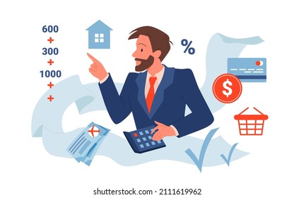 Cartoon man in suit calculating allocation, payments and financial balance with calculator and bank report. Finance, plan concept. Persoal family budget calculation and planning vector illustration