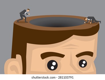 Cartoon man in suit exploring around black hole on the opened head of a giant man. Creative conceptual vector illustration isolated on grey background. 