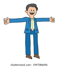Hombre de caricatura con traje abierto de manos y feliz ilustración vectorial. Bordes de colores y negros.