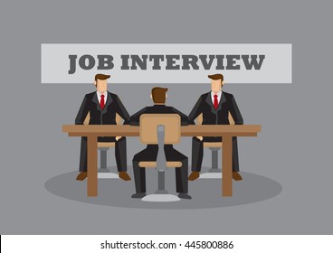 Cartoon man in suit sitting at desk in front of two interviewers with banner in background saying Job Interview. Vector illustration for business situation.