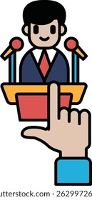 A cartoon of a man in a suit standing behind a podium with a microphone. A hand is pointing at the man