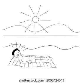 Cartoon man sunbathing on the beach for hours and when he wakes up his whole body is burnt red vector illustration. Black outlined and white colored.