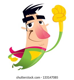 A cartoon man super green hero flying with his arm straight forward wearing a suit