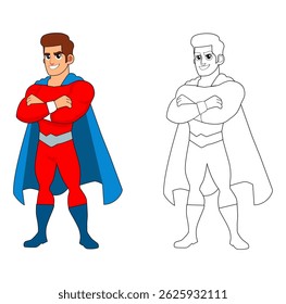 Cartoon Man Super Hero Pose Art Coloring Digital Vectors Illustration 
