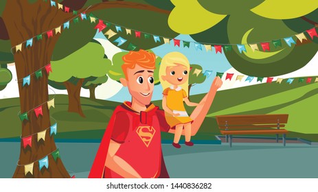 Cartoon Man in Superhero Costume Hold Girl Vector Illustration. Father Daughter Family. Summer Holiday Celebration Outdoor. Park Garden Bunting Tree Decoration. Super Dad Greeting Card.