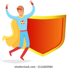 Cartoon man in superhero costume stands near red magic shield on white background. Supermale strong savior protects people from villains. Person has superpowers, smiles and hurries to save world