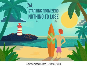 Cartoon Man with Surf Board on the Beach. Vector illustration