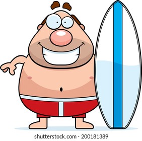 A cartoon man with a surfboard.