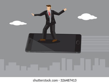 Cartoon man in surfing postures on a hand cell phone as surfboard and flying above the silhouette of city. Creative vector illustration on wordplay of phone surfing. 