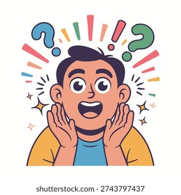A cartoon man with a surprised expression, question marks and exclamation marks around his head, conveying confusion and excitement.