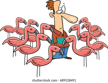 cartoon man surrounded by pink flamingos