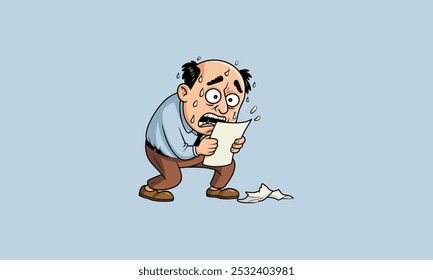 Cartoon man sweating nervously while reading a paper.