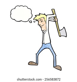 cartoon man swinging axe with thought bubble