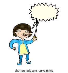 cartoon man with sword with speech bubble