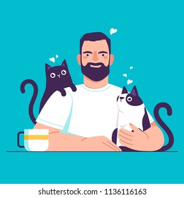 Cartoon man at the table with cats. Internet illustration for your design.