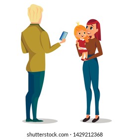 Cartoon Man Take Picture Woman with Girl Vector Illustration. Father Photo Mother Baby Daughter. Selfie Portrait Mom and Child. Happy Family Wife Husband Relationship. Mobile Phone Photography