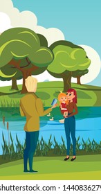 Cartoon Man Take Picture Woman with Girl Vector Illustration. Father Photo Mother Baby Daughter on River Bank. Nature Park Countryside. Mom and Child. Happy Family Wife Husband Vacation