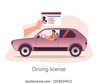 Cartoon man taking driving course. Instructor teaching road sign. Students passing exam successfully and getting driving license. Vector flat style illustration on white background