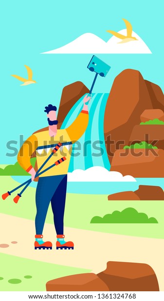 Cartoon Man Taking Selfie On Waterfall Stock Vector Royalty Free