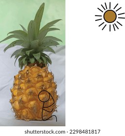 A cartoon man is taking shelter from the heat of the sun under a big pineapple