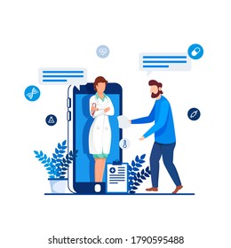 Cartoon Man Talking To Doctor Woman In Smartphone With Medical Clipboard And Leaves Pot On White Background.