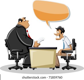 Cartoon man talking with his boss in office. Speech bubble. Dialog balloon.