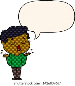 cartoon man talking and shrugging shoulders with speech bubble in comic book style