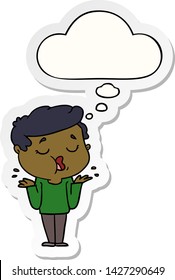 cartoon man talking and shrugging shoulders with thought bubble as a printed sticker