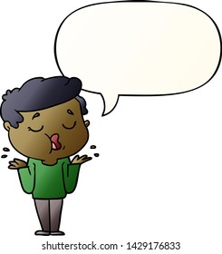 cartoon man talking and shrugging shoulders with speech bubble in smooth gradient style